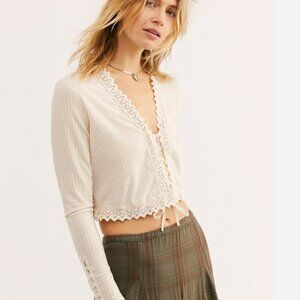 NWT, Free People Third Date Top, Crocheted Hem, Almond / Off-white Color, L